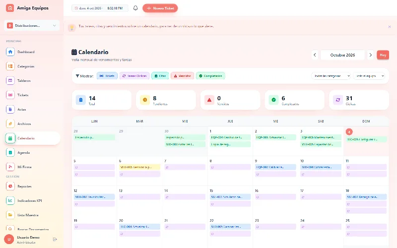 Calendario de tickets, citas y tareas